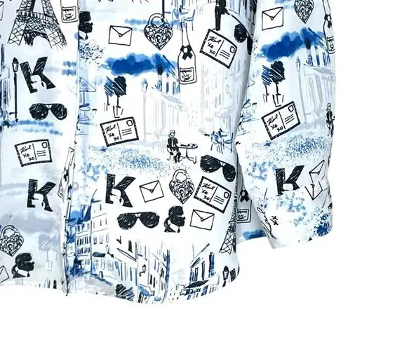 Karl Lagerfeld Paris Women's Long Sleeve Whimsical Blue and Black Blouse size L