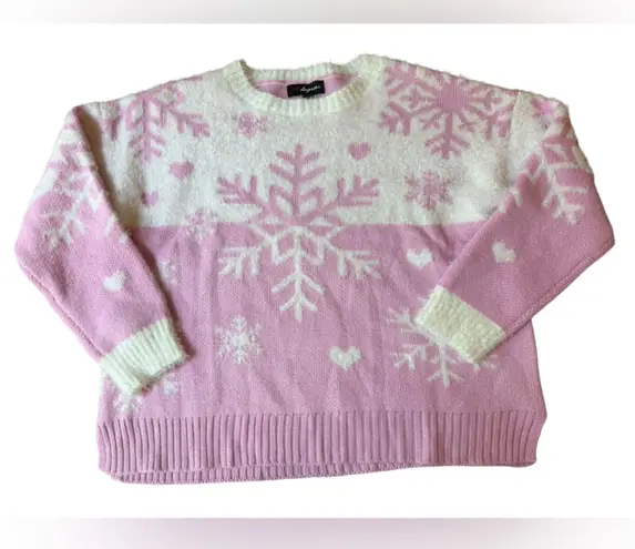 33 Degrees Pink White Preppy Barbie Snowflake Heart Winter Fuzzy Knit Sweater Size L - Image 1