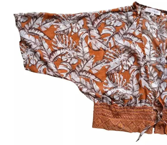 Timing  Blouse Womens XL Orange Plant Print Wide Arm Waist Tie Lace Top Boho