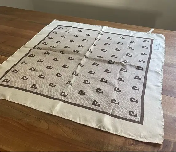 Pierre Cardin Vintage 70s Paris Signature Logo Silk Scarf Brown Ivory 25 x 26