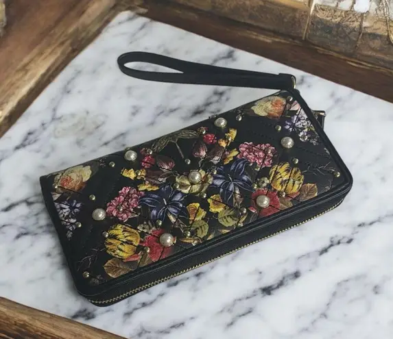 INC international concepts Black Floral Embroidered Wristlet Clutch gold studs