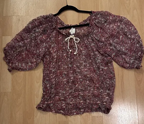 Ella Moss Red Floral Silk Rope Tie Blouse M