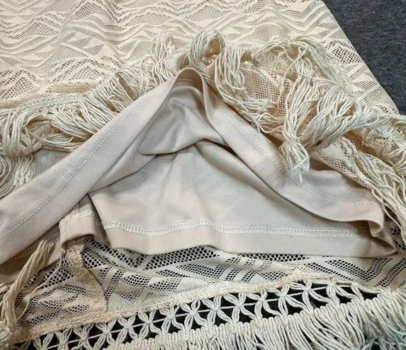 Jody California Dress Womens Large Beige Lace Overlay Midi Fringe Hem USA Made