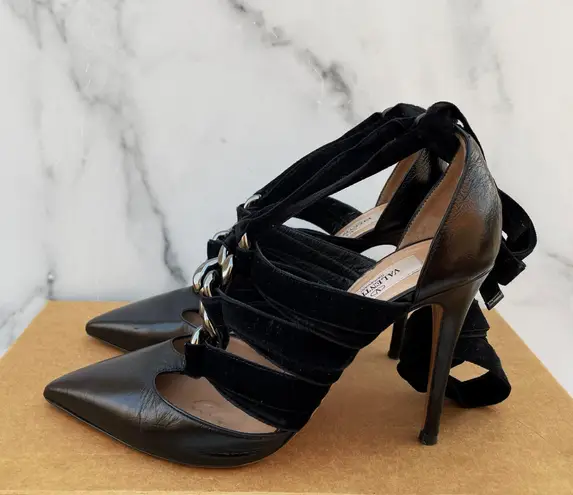 Valentino Garavani Valentino chain black velvet rope ankle-wrap leather pumps size IT 37 US 7