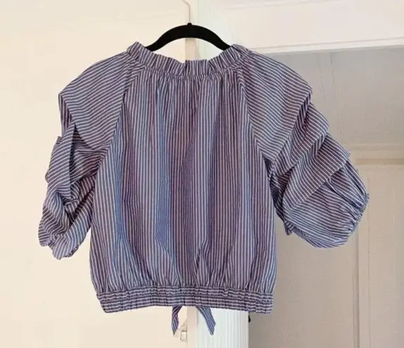 Habitual Joyce Gathered Yarn Dye Pinstripe Top Size Girls 16 Navy Blue