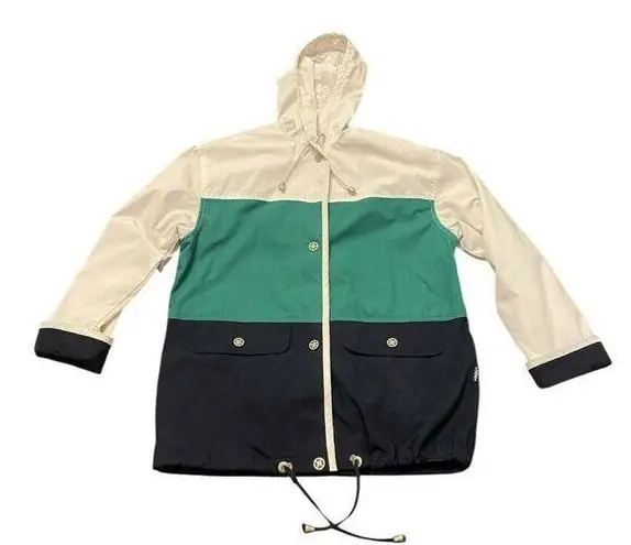 Vintage IZZI Jacket Womens Small White Blue Green Nautical Grandpa Striped