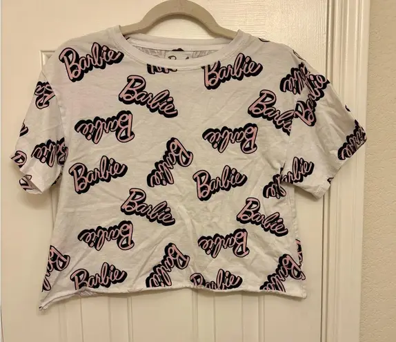 Barbie Logo Print Crop Top Medium White Pink Graphic Tee Streetwear Y2K