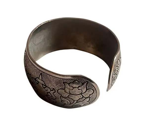 Antique Silver Tibetan Buddha Symbols Cuff Good Fortune Vintage Bracelet