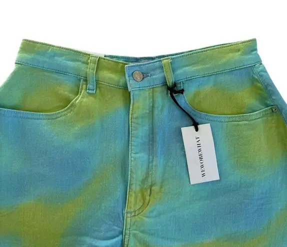 We Wore What Revolve Flare Bell Short Stretch Twill Denim Blue & Green Tie Dye 28