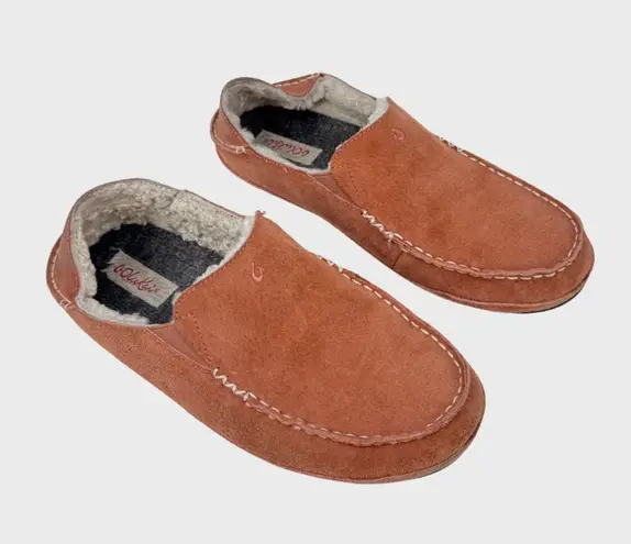 OluKai Nohea Womes Slipper Brown Nubuck Shearling Slip On Flats Comfort US 7