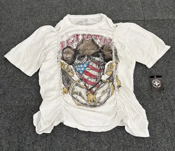Affliction Womens L Tee White American Customs Rhinestone Distressed Western NEW