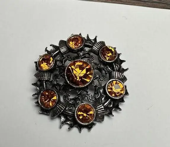 Miracle Orange Rhinestone Celtic Scottish Thistle Brooch Pin Silver Tone Signed Gold