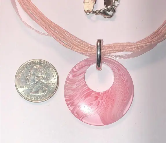 Pink White Marbled Round Pendant Pink Multi Strand Chain Boho Necklace
