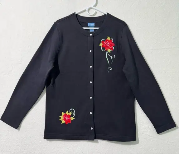 Classic Elements Black Cardigan Sweater Red Poinsettias Floral Embroidered Large