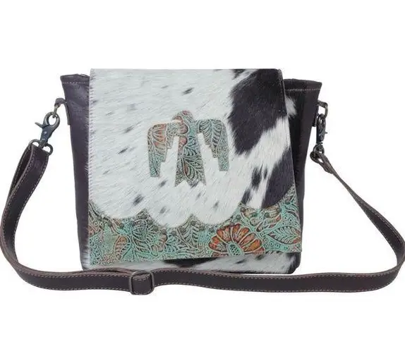 MYRA BAG Eagle Embossed Studded Leather Cowhide Concealed Carry Shoulder Bag Black