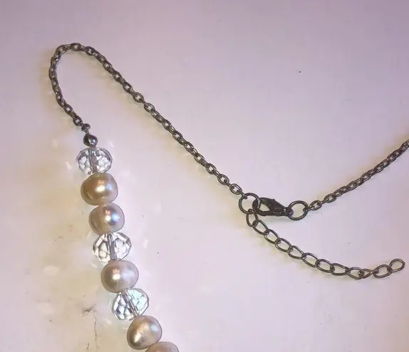 Silver Tone Genuine Pearls & Clear AB Beaded Boho Heart Pendant Necklace