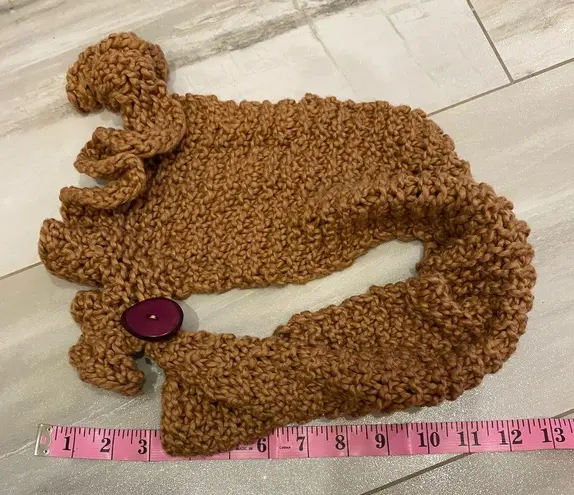 Handmade Hand Knit Camel Tan Neckie with Button and Ruffle Detail, one size fits most