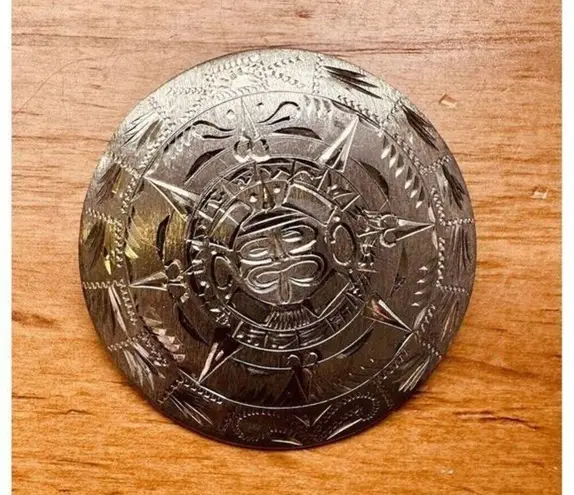 925 Sterling Silver Aztec Mayan Calendar Sun Dial Pin Brooch Pendant 12.96g VTG