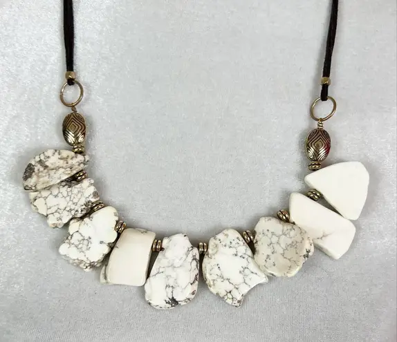 New Chipped White Marble Rock Stone Leather Strand Necklace