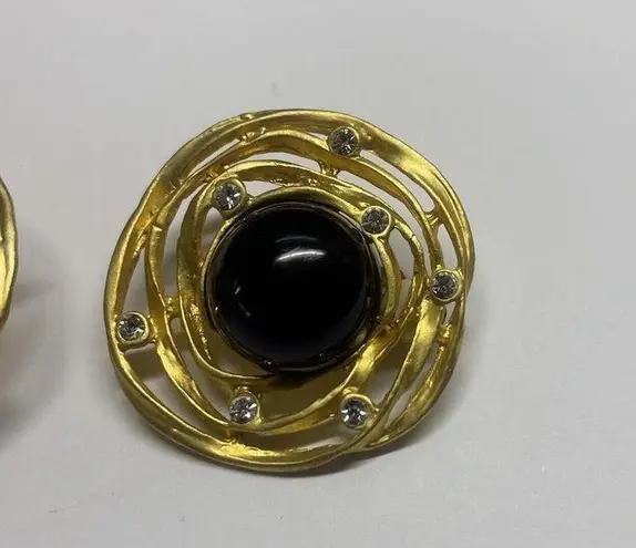 Pretty Gold Tone Black / Rhinestone Large Oversized Statement Clip On Earrings