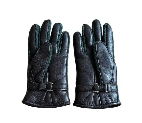 Brown Faux Leather Green Knit Accent Gloves Adjustable Strap FAux Fur Lined S/M