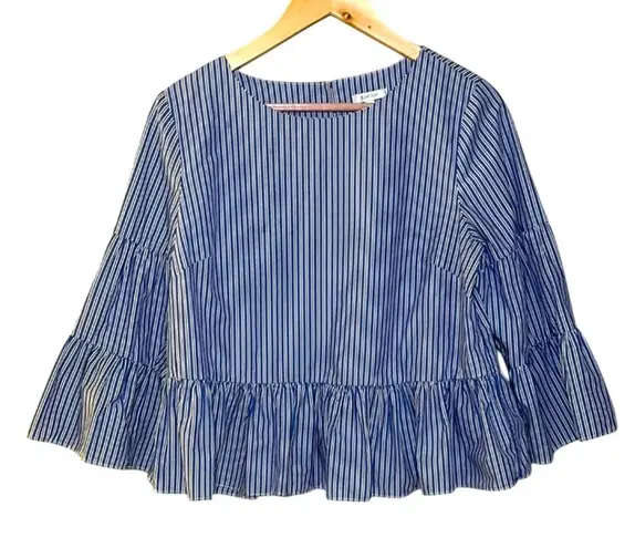 Tyler Boe Blue and White Striped Ruffle Cotton Blouse Medium