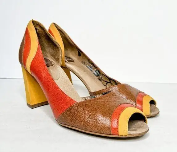 Fly London  Coral Cate Yellow 70’s Vintage Look Leather Heels Peekaboo Toe Sz 10