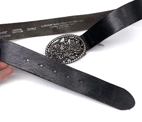 Esprit Genuine Leather Belt Floral Belt Buckle Black Silver 80CM