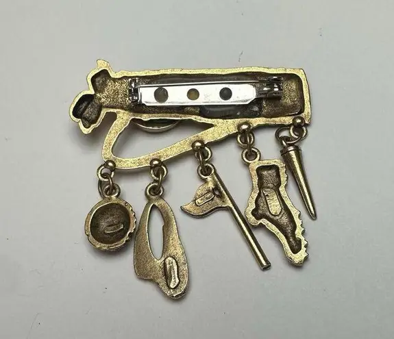 Golf Club Bag With Golfing Charms Brooch Pin Gold Tone