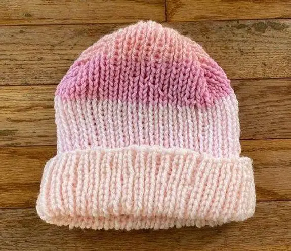 hand knit two toned pink striped beanie hat