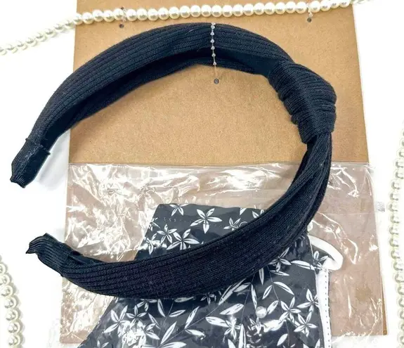 Berry Knotted Headband, Patterned Mask, and Pearl Mask Chain, Brand New Black