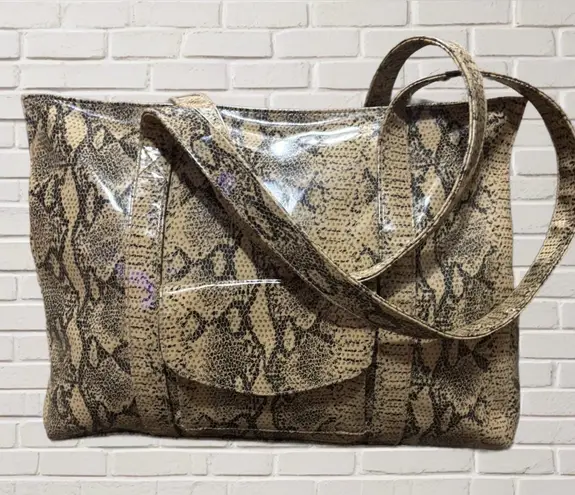 Timmy Woods Beverly Hills Faux Snakeskin Large Vinyl Tote Bag Shoulder Purse Tan