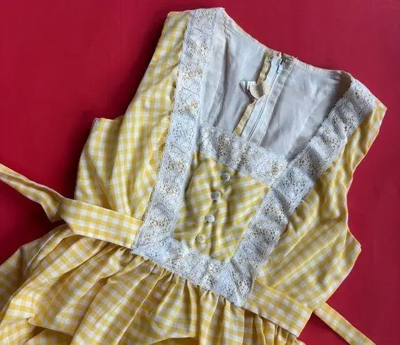 Candi Jones California Vintage 60s 70s Yellow & White Gingham Lace Sleeveless Midi Dress