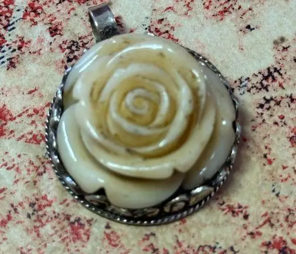 Ivory Rose Pendant Necklace with Ornate Metal Frame Silver