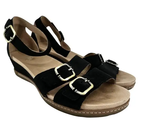 Dansko Astrid Wedge Sandals Nubuck Leather Scotchgard Ankle Strap Buckle Black 8