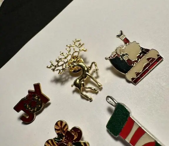 Christmas Holiday Brooch Pins Lot Of 4 Santa Claus JOY Reindeer Stocking Candy
