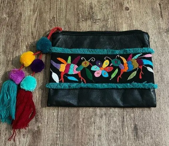 Leather Embroidered Zipper Clutch with Pom Pom Tassel Black