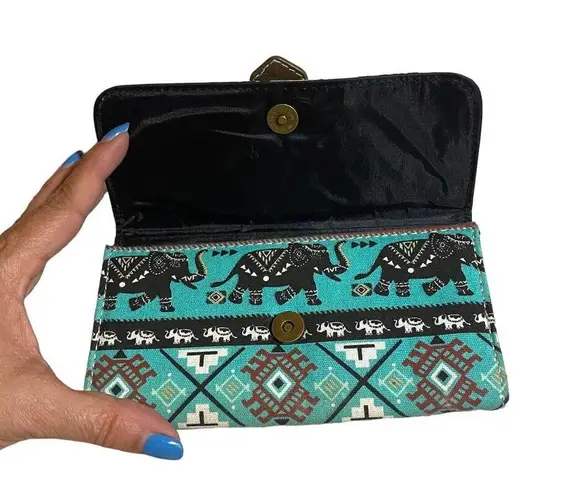Tribal Aqua Blue Elephant Boho Button Closure Trifold Envelope Wallet Women