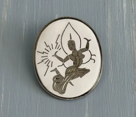 Unique Vintage Brooch Signed Japan White Enamel W Etched Niello Dancer