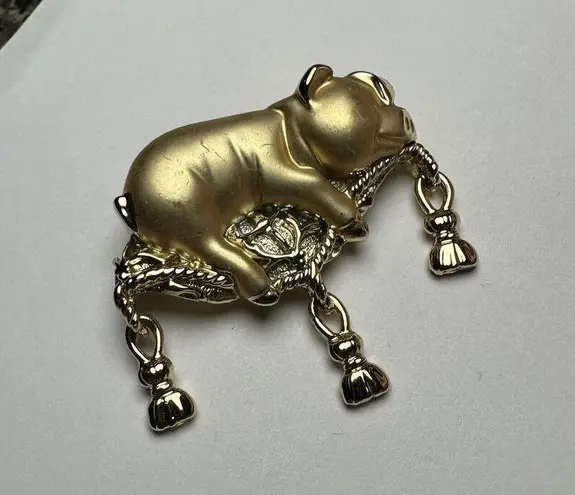 Signed AJC Gold Tone Pig On Tasseled Pillow Brooch Pin