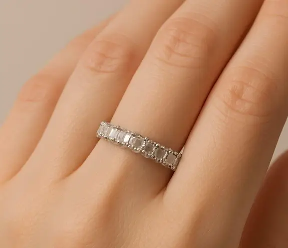 None Silver Eternity Band Ring Baguette & Round CZ Stones Size 11