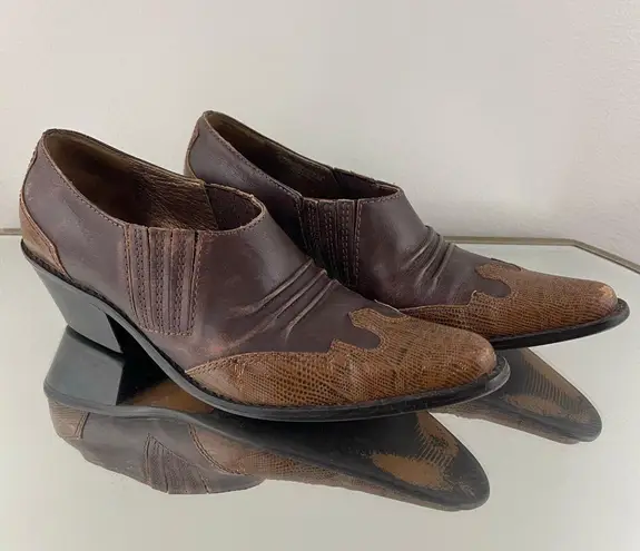 Matisse Footwear MATISSE Vintage Brown Leather Western Pointed Toe Slip On Heel Mule Ankle Boots