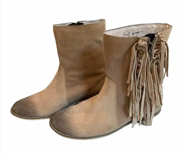 Encore “Journey” Suede Fringe Booties, Sz 8
