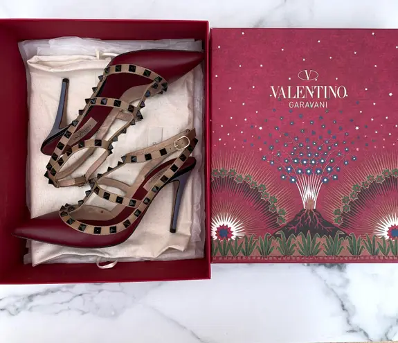 Valentino Garavani Valentino Lacquered Rockstud colorblock leather T-strap pumps IT 37.5 US 7.5