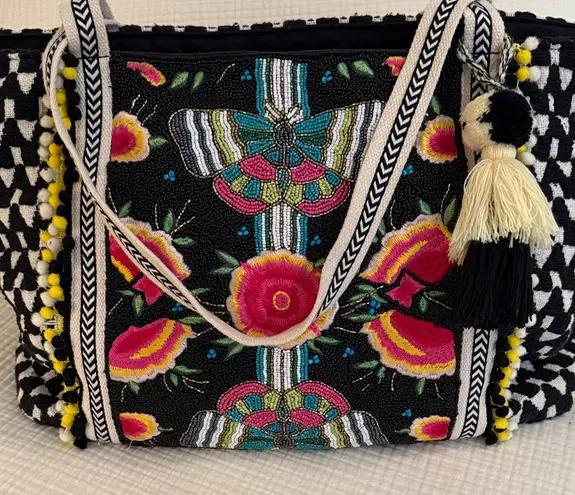 America & Beyond Midnight Butterflies Beaded Tote bag. Black