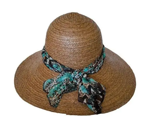 Kathy Jean woven hat with wide brim and multicolor fabric band with bow detail Tan