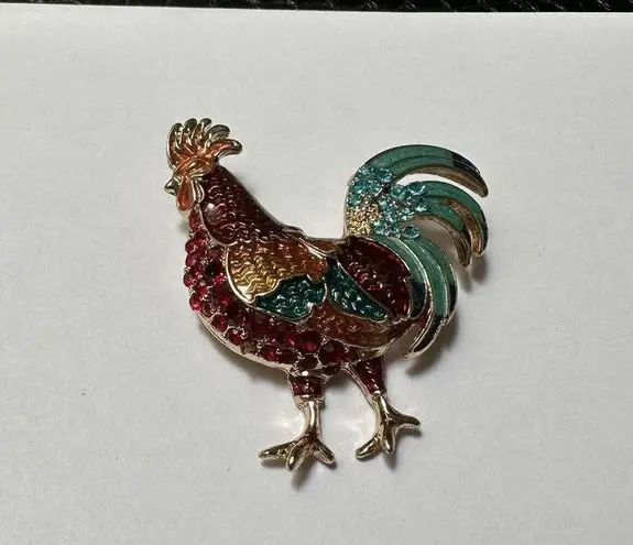 Signed Napier Gold Tone Multi Color Enamel / Rhinestone Rooster Bird Brooch Pin