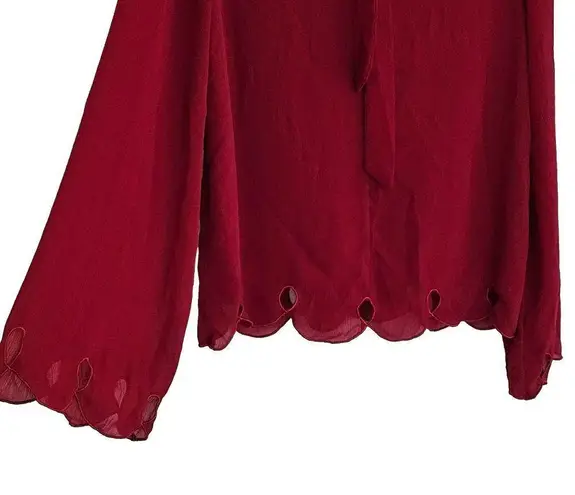Love Riche Embroidered Hem Blouse Womens Size S Tie Back Red Long Sleeves