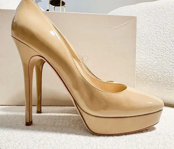 Jimmy Choo Cosmic Patent Leather Nude Platform Pumps sz 38.5