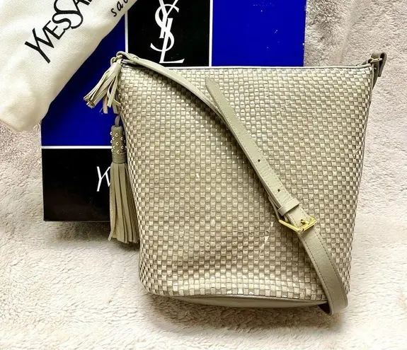 YSL RARE Vintage Woven Taupe Shoulder Bag Full Inclusion